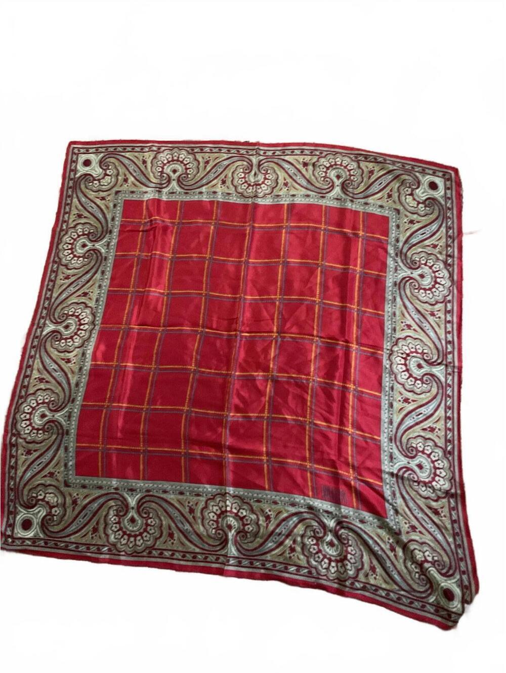 Vintage Bill Blass Red and Beige Paisley Patterned Silk Scarf